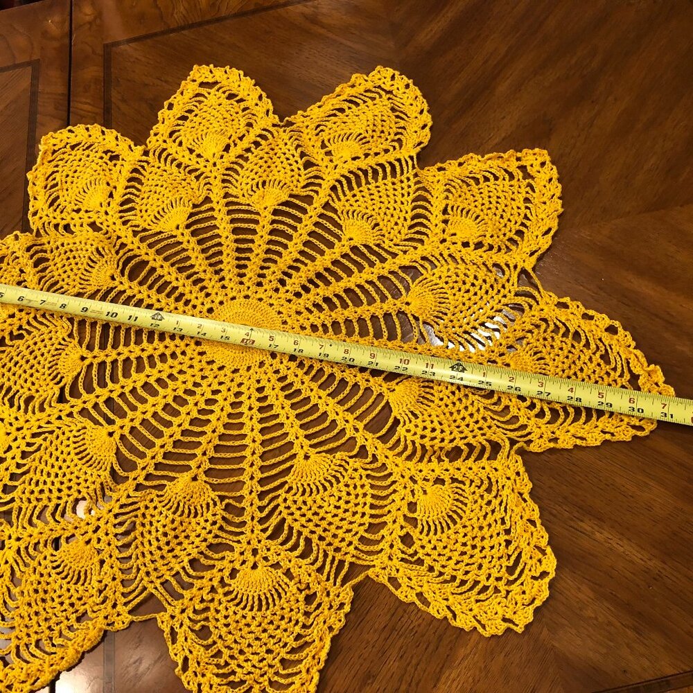 Bright yellow vintage lace hand crochet cotton doily 31""
